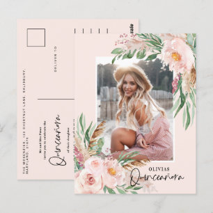 Quinceañera blek rosa girly blommigt fotofödelsed vykort
