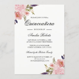 Quinceanera Blommig Akvarell Peonior Rosa Lila Inbjudningar