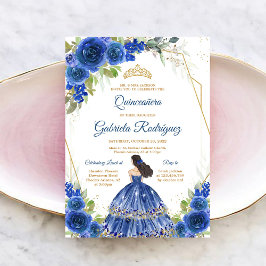 Quinceanera Blommig Blå Guld Inbjudan