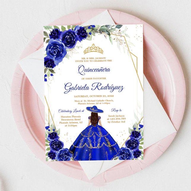 Quinceanera Blommig Blå Guld Inbjudan (Skapare uppladdad)