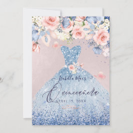 Quinceanera Blommig Dammig Blå Glitter Klänning Inbjudningar