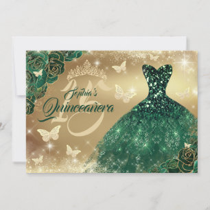 Quinceanera blommig glans guld smaragd klänning inbjudningar
