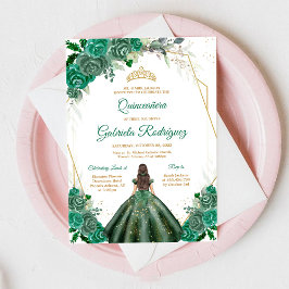 Quinceanera Blommig Grön Guld Inbjudan