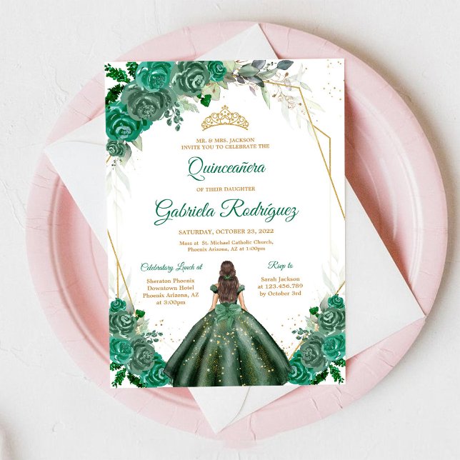 Quinceanera Blommig Grön Guld Inbjudan (Skapare uppladdad)