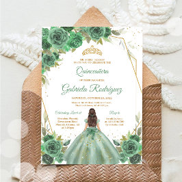 Quinceanera Blommig Grön Guld Inbjudan