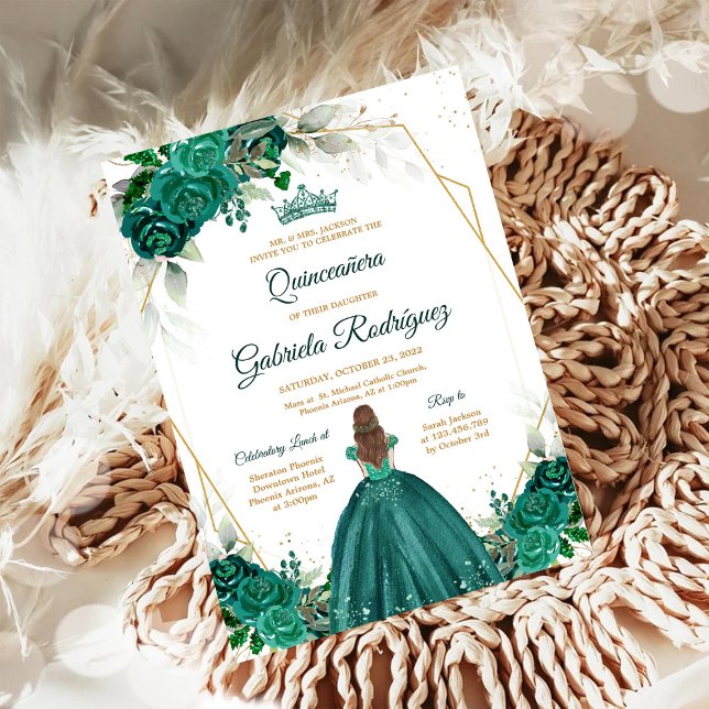 Quinceanera Blommig Grön Guld Inbjudan (Skapare uppladdad)