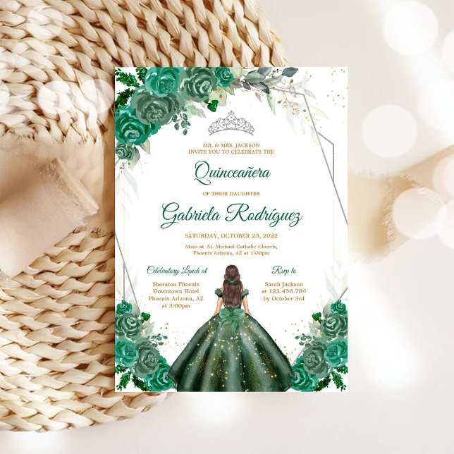 Quinceanera Blommig Grön Silver Inbjudan (Skapare uppladdad)