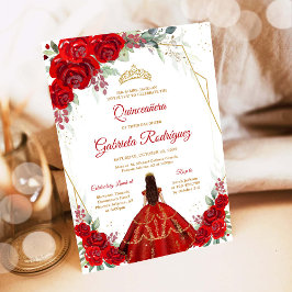 Quinceanera Blommig Röd Guld Inbjudan