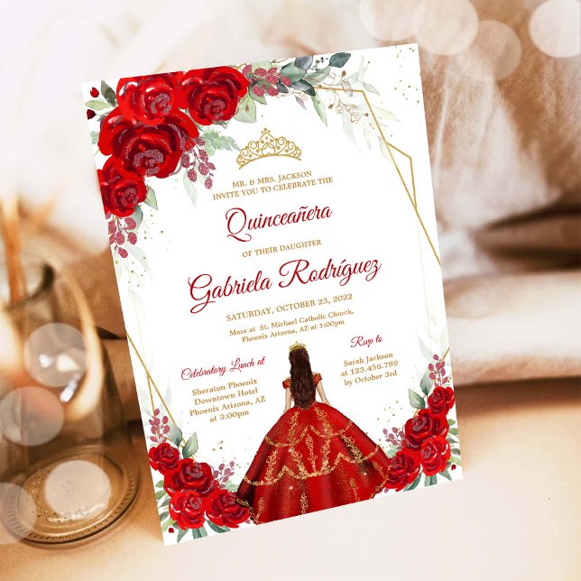 Quinceanera Blommig Röd Guld Inbjudan (Skapare uppladdad)