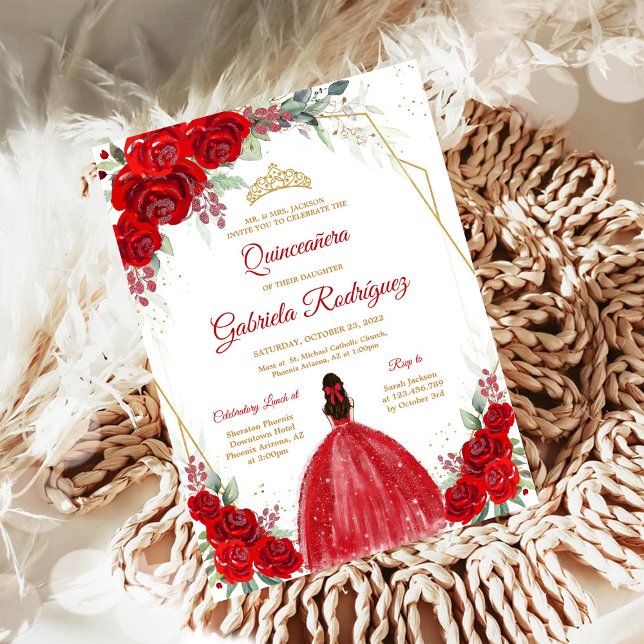 Quinceanera Blommig Röd Ros Guld Inbjudan (Skapare uppladdad)