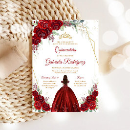 Quinceanera Blommig Röd Ros Guld Inbjudan