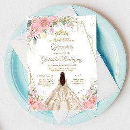 Quinceanera Blommig Rosa Guld Inbjudan