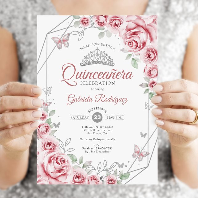 Quinceanera Blommig Rosa Silver Inbjudningar (Skapare uppladdad)