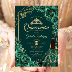 Quinceanera Blommig Smaragd Guld Klänning Inbjudningar