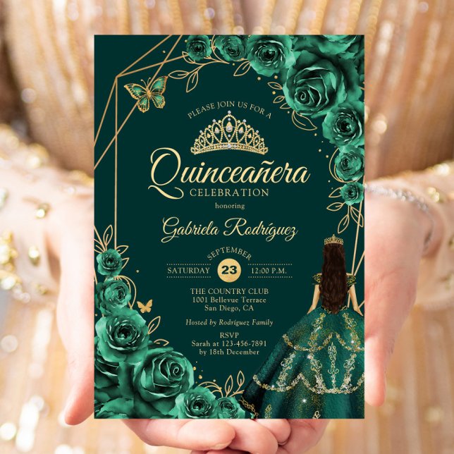 Quinceanera Blommig Smaragd Guld Klänning Inbjudningar (Skapare uppladdad)