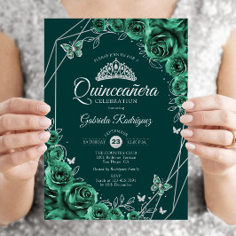 Quinceanera Blommig Smaragdgrön Silver Inbjudningar