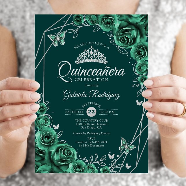 Quinceanera Blommig Smaragdgrön Silver Inbjudningar (Skapare uppladdad)