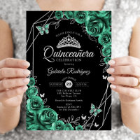 Quinceanera Blommig Smaragdgrön Silver Svart