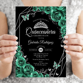 Quinceanera Blommig Smaragdgrön Silver Svart Inbjudningar