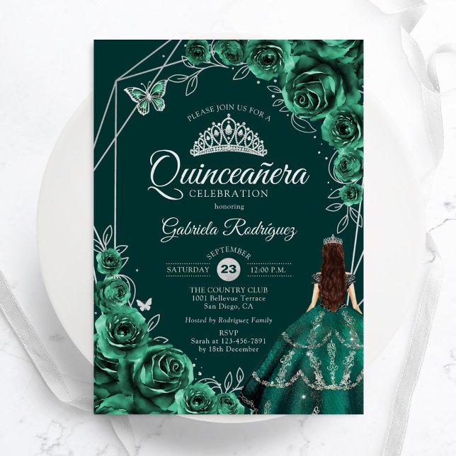Quinceanera Blommig Smaragdgrön Silverklänning Inbjudningar (Skapare uppladdad)