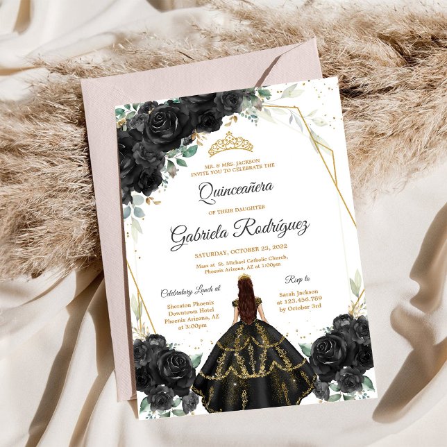 Quinceanera Blommig Svart Guld Inbjudan (Skapare uppladdad)
