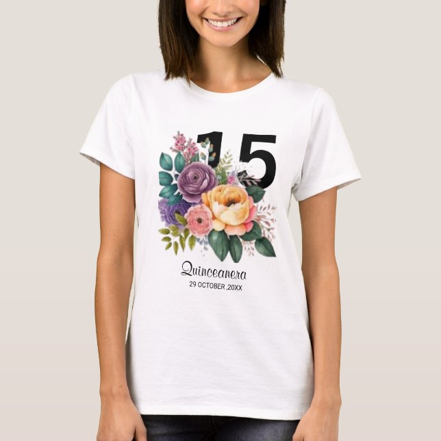 Quinceanera Blommigt 15:e födelsedagen T-Shirt (Framsida)