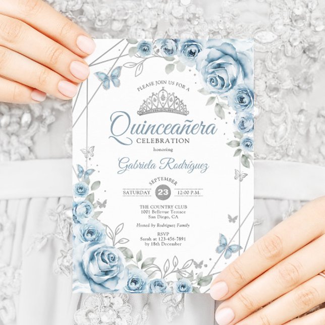 Quinceanera Blommigt Baby blue Silver Inbjudningar (Skapare uppladdad)