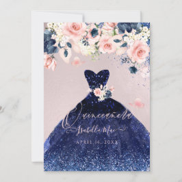 Quinceanera  Blommigt Blått Glitter Inbjudningar