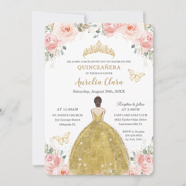 Quinceañera  Blommigt Butterflies Guld Princess Inbjudningar (Framsida)