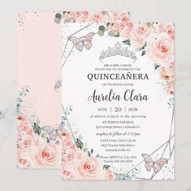 Quinceañera  Blommigt Butterflies Silver Krona Inbjudningar (Fram/baksida)