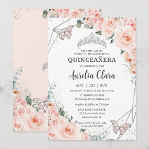 Quinceañera Blommigt Butterflies Silver Krona Inbjudningar