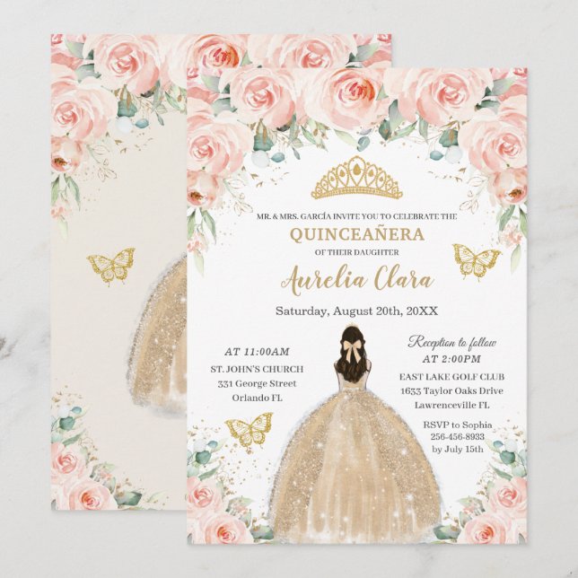 Quinceañera  Blommigt Champagne Dress Princess Inbjudningar (Fram/baksida)