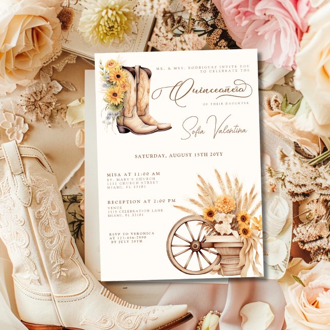 Quinceañera Blommigt Charro Solros Land Rustic Inbjudningar (Quinceañera Floral Charro Sunflower Country Rustic Invitation)