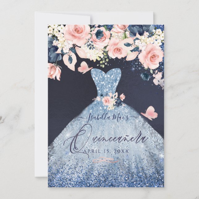 Quinceanera Blommigt Dusty Blue Glitter Gown Inbjudningar (Framsida)