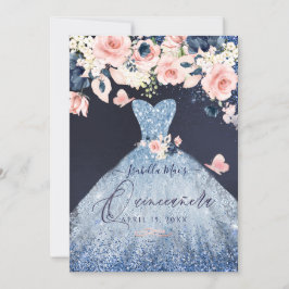 Quinceanera Blommigt Dusty Blue Glitter Gown Inbjudningar