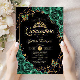 Quinceanera Blommigt Emerald Grönt Guld Black Inbjudningar
