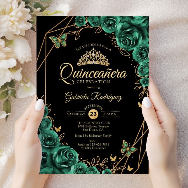 Quinceanera Blommigt Emerald Grönt Guld Black Inbjudningar (Skapare uppladdad)