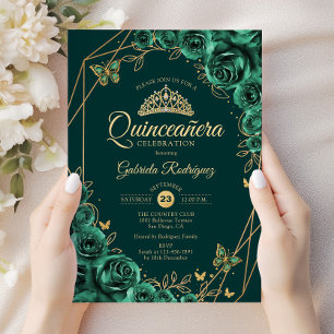 Quinceanera Blommigt Emerald Grönt Guld Inbjudningar
