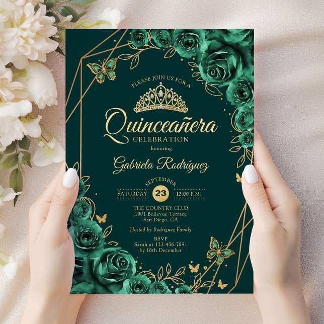 Quinceanera Blommigt Emerald Grönt Guld Inbjudningar (Skapare uppladdad)