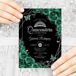 Quinceanera Blommigt Emerald Grönt Silver Black Inbjudningar