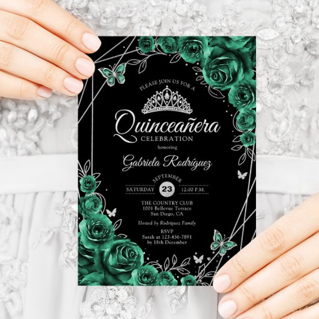 Quinceanera Blommigt Emerald Grönt Silver Black Inbjudningar (Skapare uppladdad)