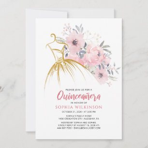 Quinceanera Blommigt Faux Guld Dress15:e födelseda Inbjudningar
