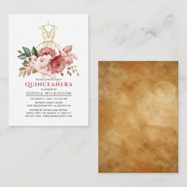 Quinceanera Blommigt Faux Guld Dress 15:e födelsed Anteckningskort (Fram/baksida)