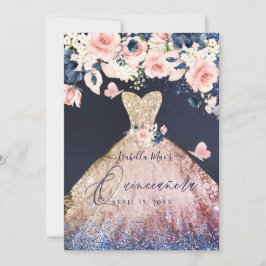Quinceanera Blommigt Glitter Gown Ombre Ro Guld Inbjudningar