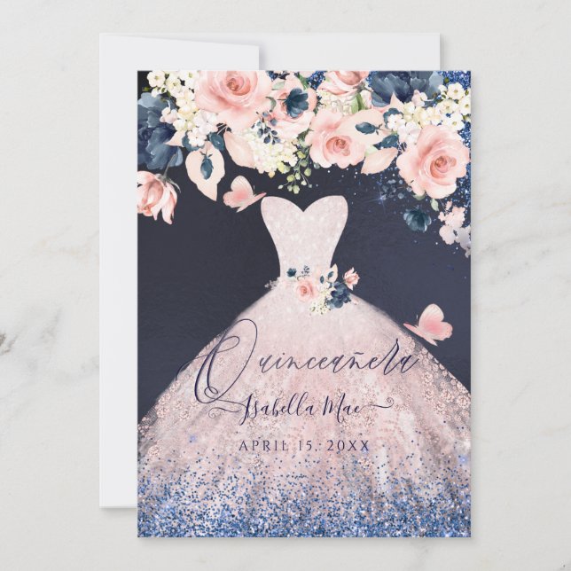 Quinceanera Blommigt  Glitter-guldflottan Inbjudningar (Framsida)