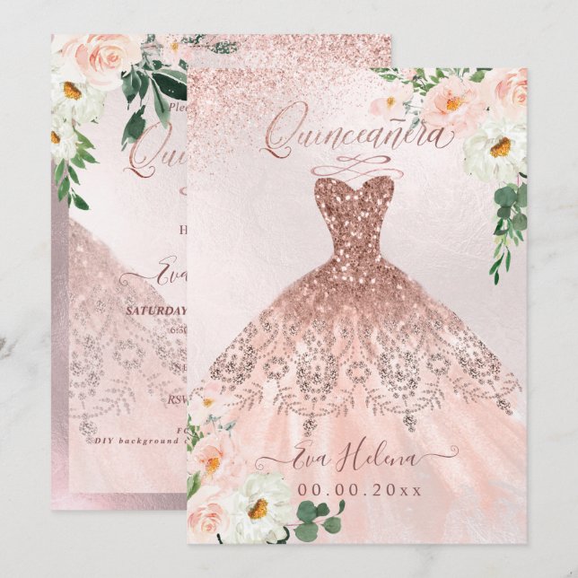 Quinceañera,  Blommigt Gnistra Gown Ro Guld Inbjudningar (Fram/baksida)