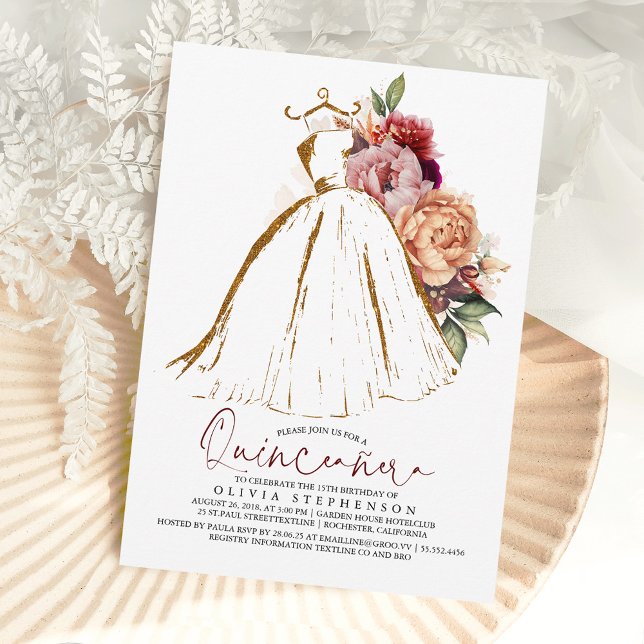 Quinceañera Blommigt Guld Dress 15:e födelsedagen Inbjudningar (Skapare uppladdad)