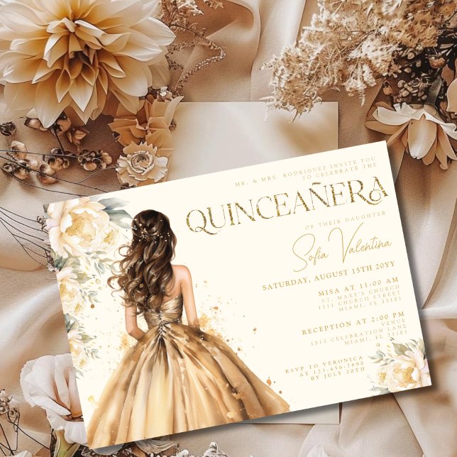 Quinceañera Blommigt Guld Dress Champagne Gown Inbjudningar (Quinceañera Floral Gold Dress Champagne Gown Invitation)