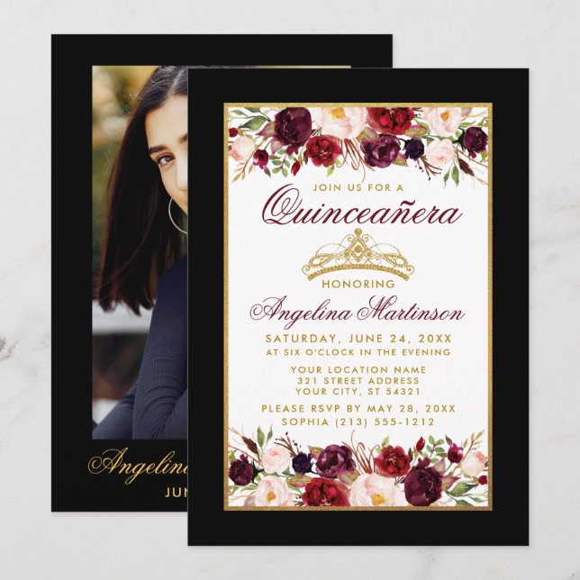 Quinceanera Blommigt Guld Krona Photo Black Inbjudningar (Fram/baksida)