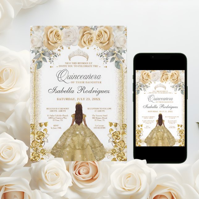 Quinceanera Blommigt Luxe Guld Arch Birthday Inbjudningar (Skapare uppladdad)